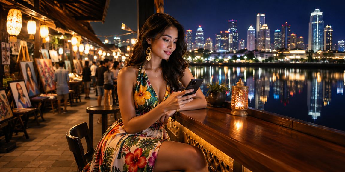Pengguna mengakses casino mobile di pasar malam dengan suasana yang ramai dan semarak