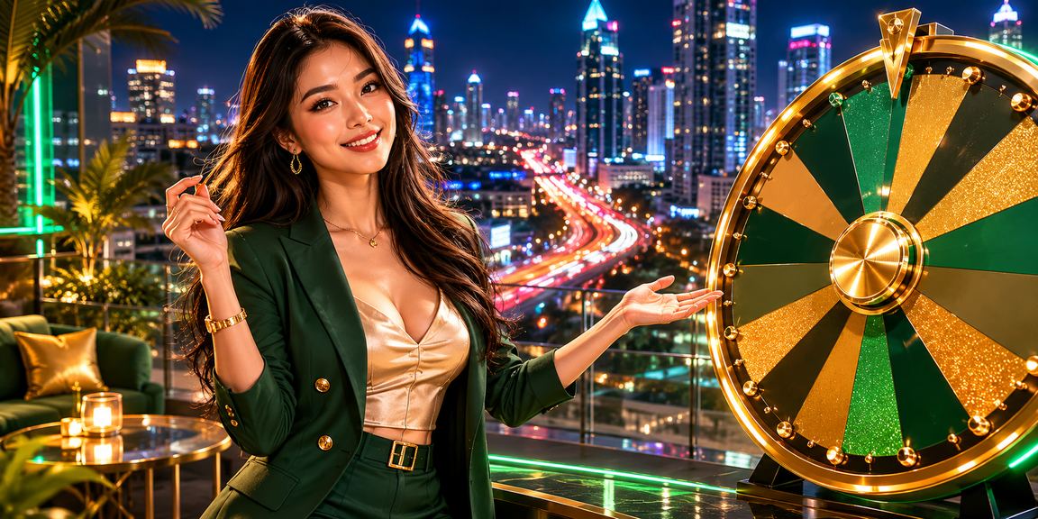 Meja roulette bercahaya neon dengan suasana kasino malam yang glamour